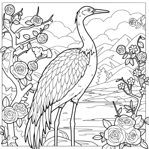 Crane Standing Among Flowers and Landscapes