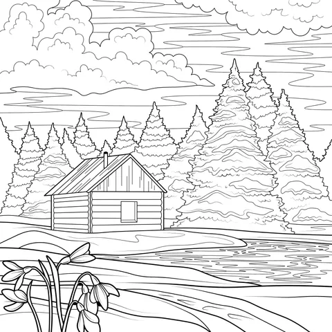 A Cabin in the Forest at Winter Dusk