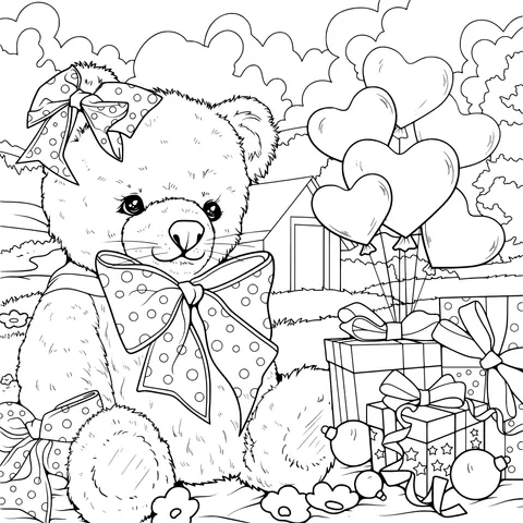 Teddy bear with gifts and balloons