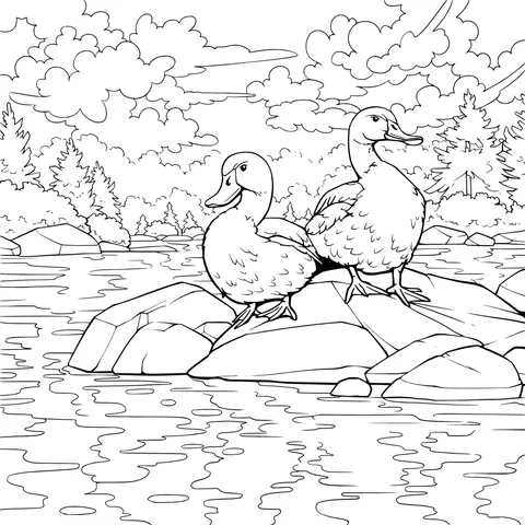 Two Ducks on a Rock in the River
