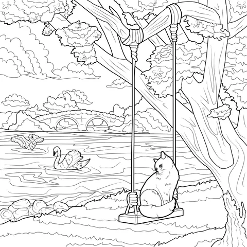 A cat enjoying the scenery on a swing under a cherry - blossom tree