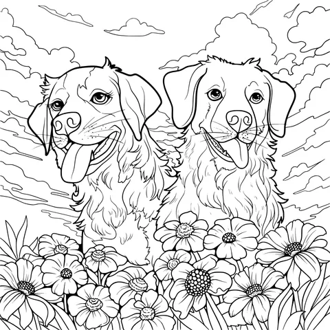Two Dogs in the Flower Bed