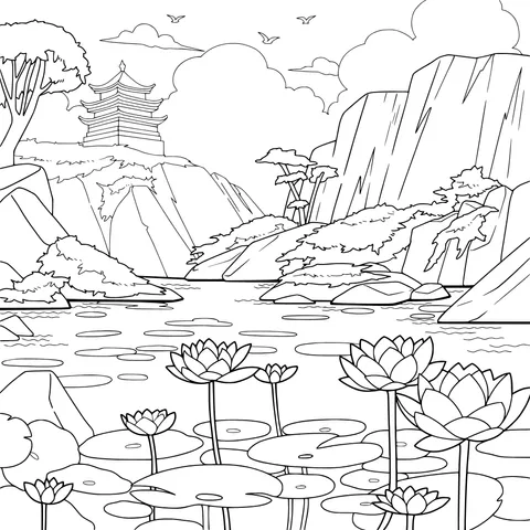 Scenery of Mountains, Water, Lotuses and Ancient Architecture