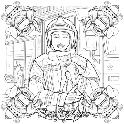 Firefighter and Cat Coloring Page