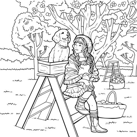 Coloring Page of a Girl and a Dog in an Orchard