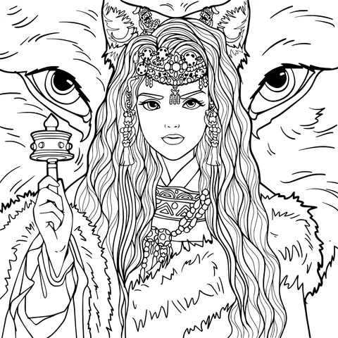 Ethnic Girl with Prayer Wheel and Two Wolves
