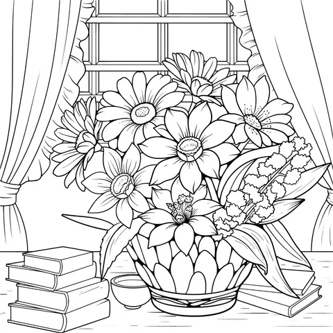 Colorful Flowers in a Vase and Books by the Window