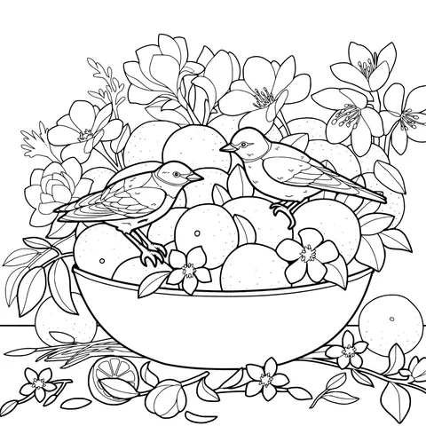 Fresh Fruits and Birds in a Bowl