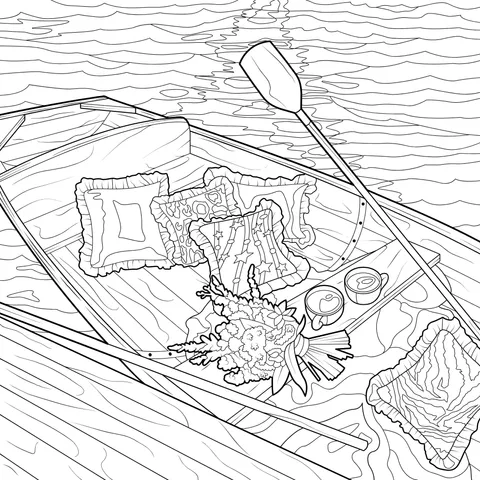 A boat adorned with cushions and flowers