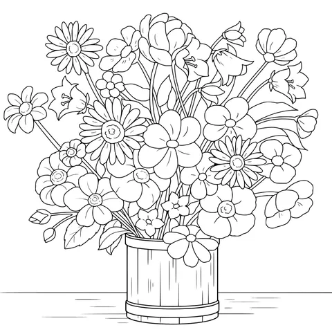 Colorful Flowers in a Wooden Pot