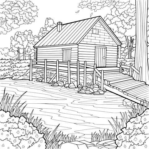 Log Cabin by the Stream