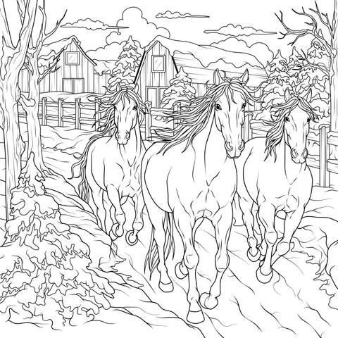 Horses Running on a Winter Farm