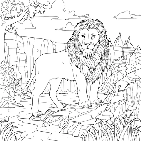 A male lion standing on a rock by the waterfall