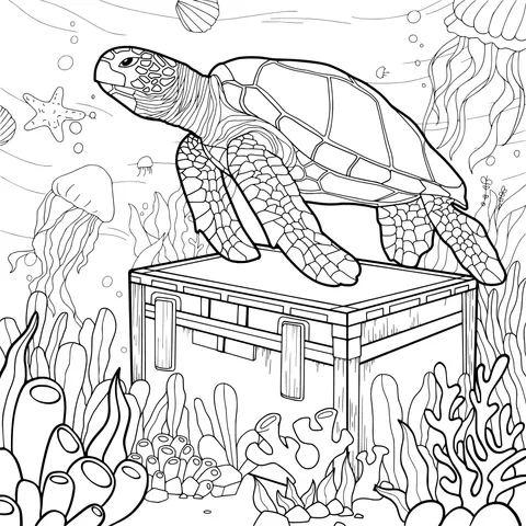 Sea Turtle on an Underwater Treasure Chest