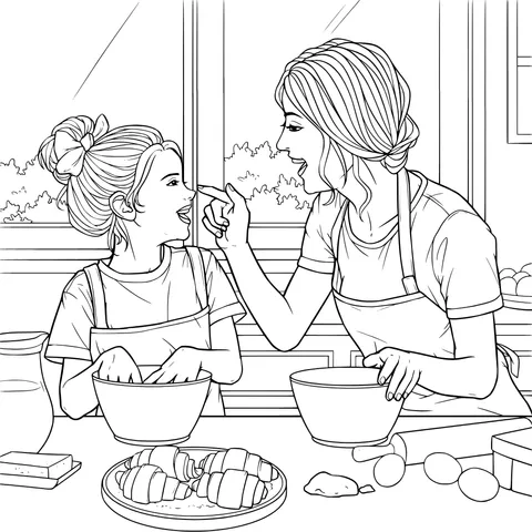 Mother and daughter baking together