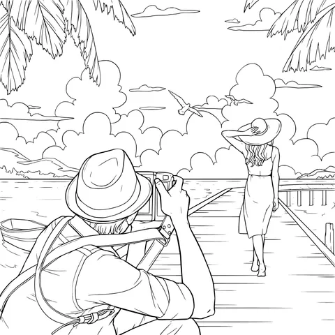 Photography moment on the seaside wooden boardwalk