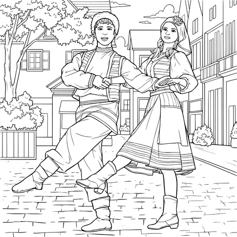 Men and women in traditional costumes dancing on the street