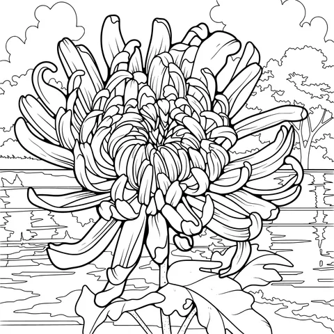 Pink Chrysanthemum Blooming by the Lake