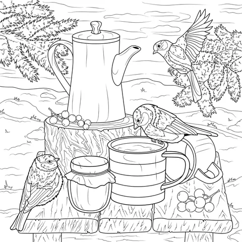 Tea - ware and Birds in the Winter Outdoors