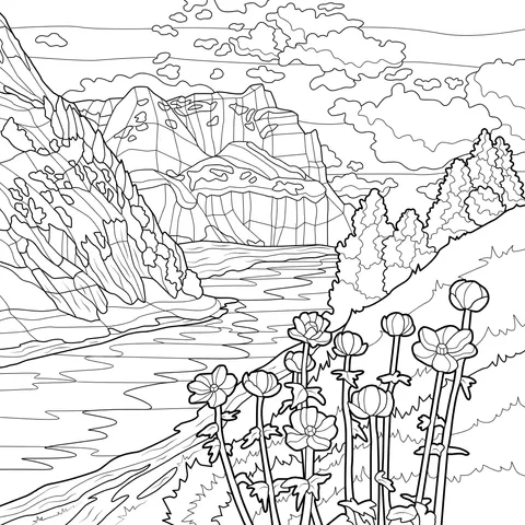 Yellow Flowers by the Mountain River
