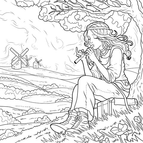 Woman Playing Flute under the Tree