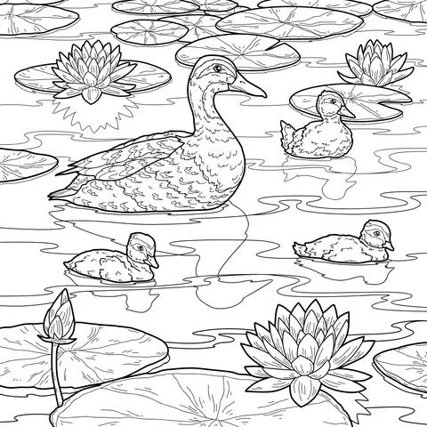 Mother duck and ducklings in the pond