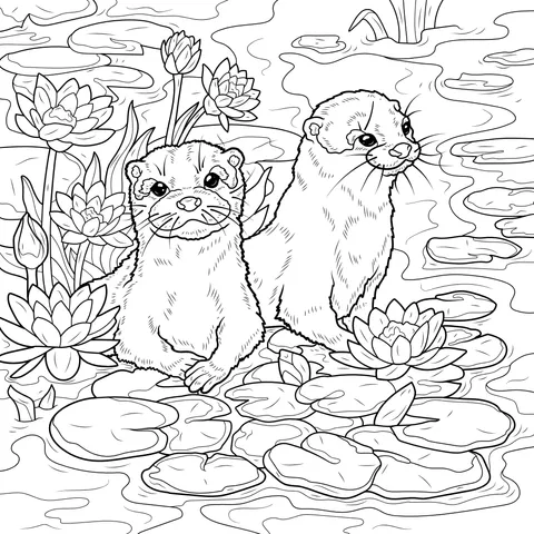 Otters in the Water - lily Pond