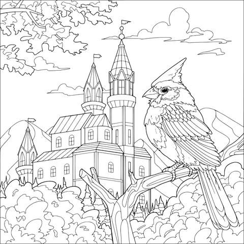 Bird perched on a branch in front of a castle