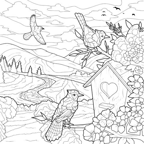 Springtime Scene with Birds and Flowers
