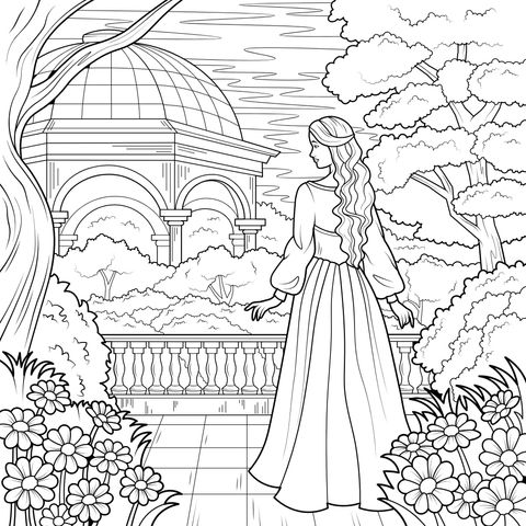 Lady in a red dress gazing at the garden view