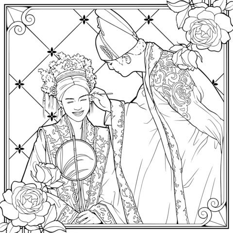 Página para colorear de una boda china antigua