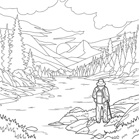 Hiker by the Mountain River