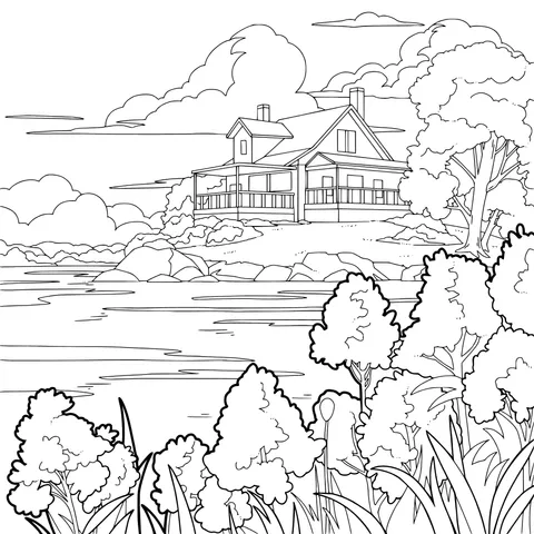 Cottage by the Lakeside and Flowers