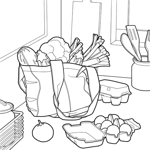 Shopping Bag and Ingredients in the Kitchen