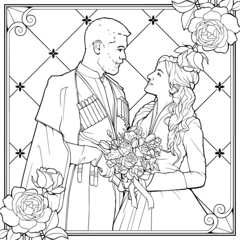 Romantic Medieval - style Newly - weds Coloring Page