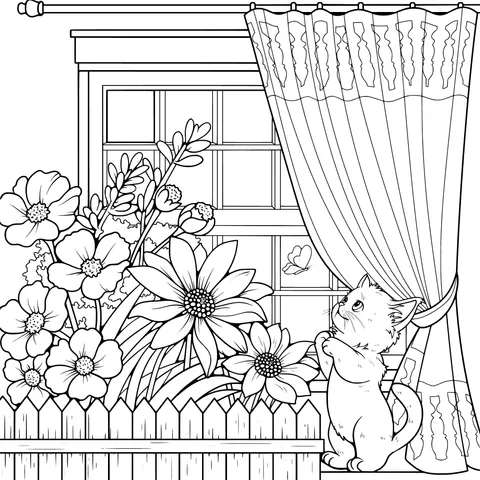 Cat admiring flowers by the window