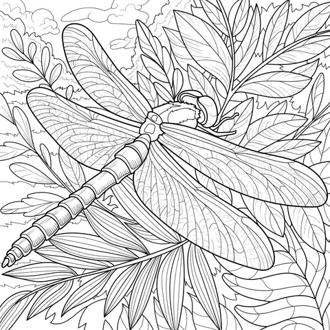 Blue Dragonfly on Green Leaves
