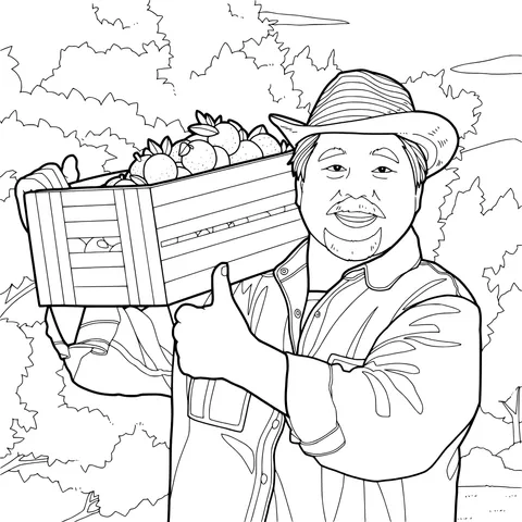 Farmer carrying a wooden box full of fruits and giving a thumbs - up