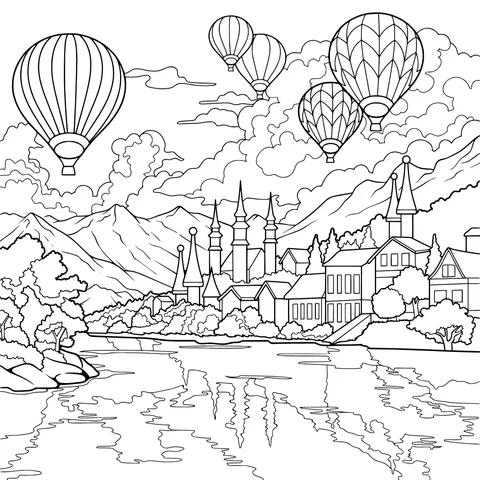 Hot - air Balloons over a Riverside Townscape