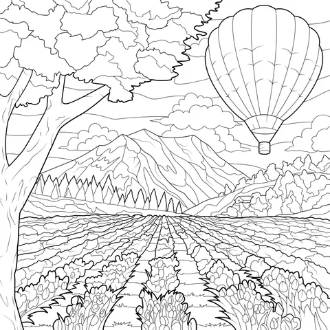 Colorful Flower Field and Hot - air Balloon