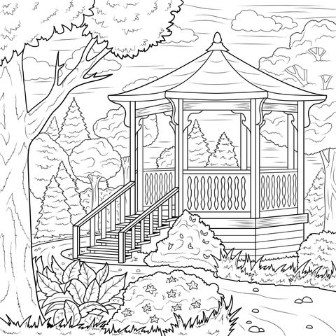 森の中の紫のガゼボ