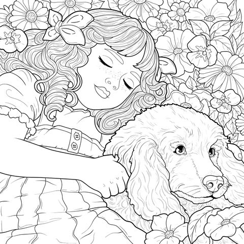 花畑でくつろぐ少女と犬