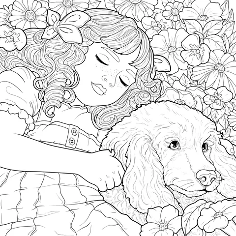 A Girl and Her Dog Enjoying a Cozy Moment in the Flower - bed