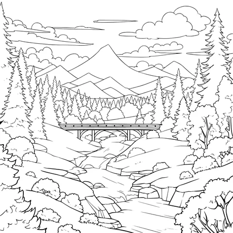 Stream and Bridge Scene in the Mountain Forest