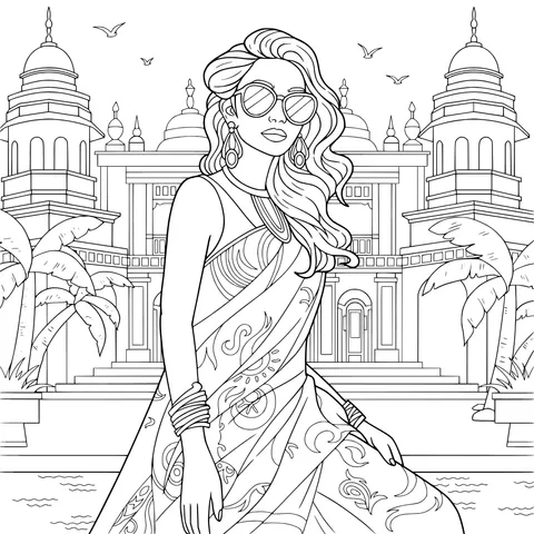 Woman in Sari and Traditional Architecture