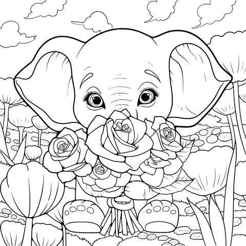 Little elephant holding a bouquet of flowers