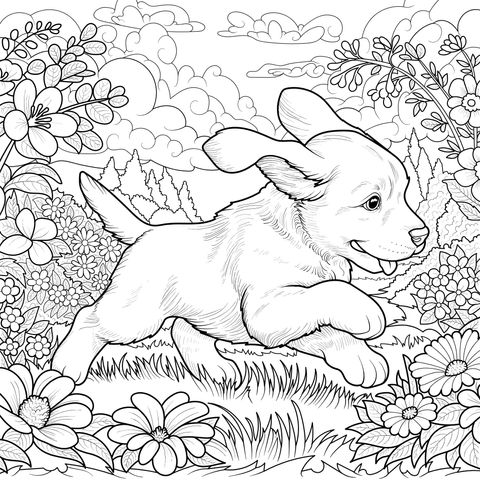 Um filhote correndo em um campo cheio de flores