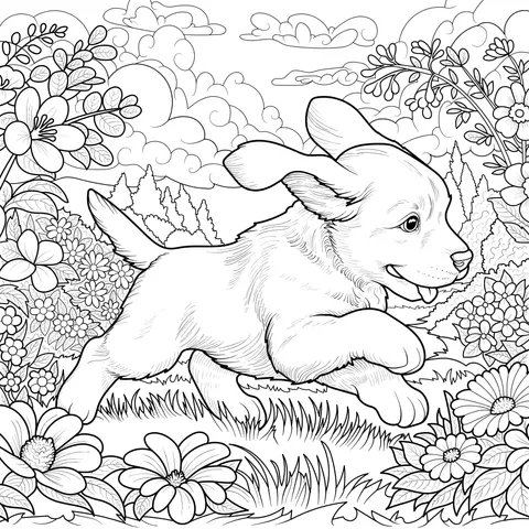A puppy running in a flower - filled meadow