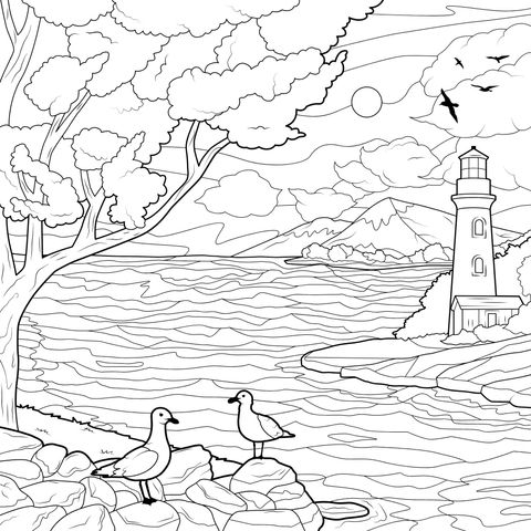 Seaside Lighthouse and Seagulls