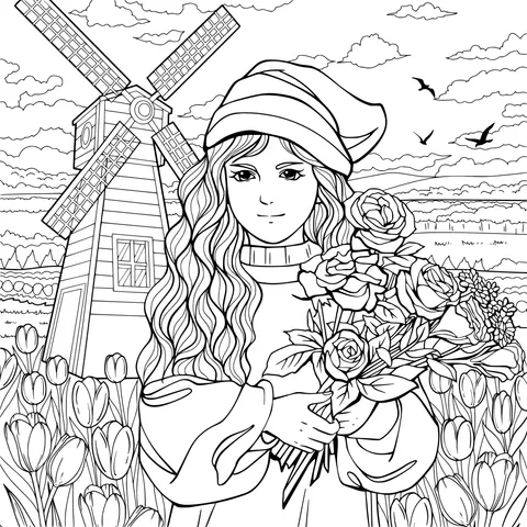 Girl in the Windmill Flower Field